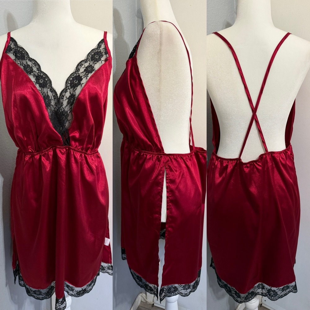 Red Satin Lace Trim Chemise Nightgown Plus Size 2XL‎ Cross Back Mini Lingerie